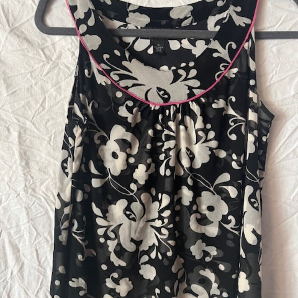 INC International Concepts Halter Top Black White floral pink trim mesh Medium M